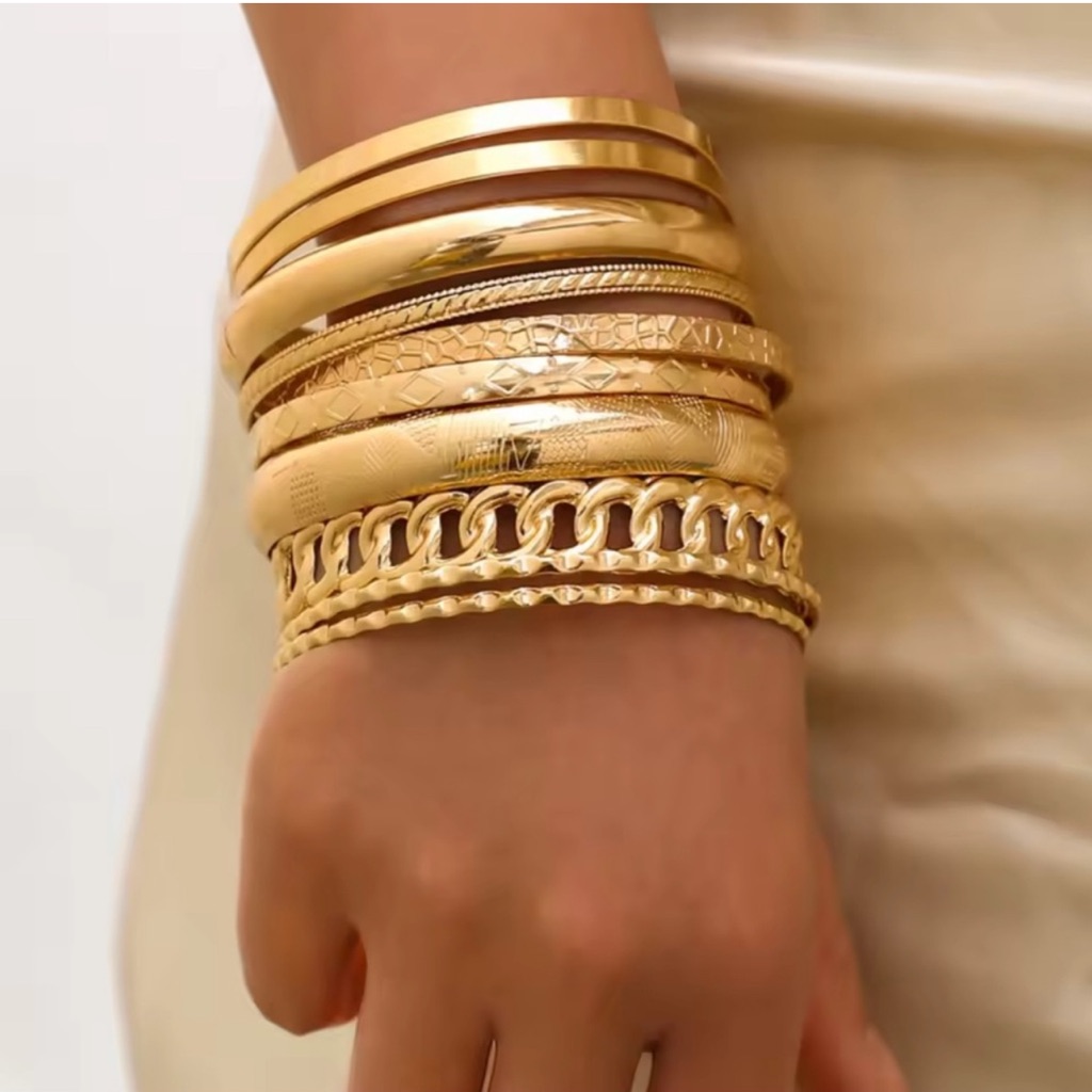 18k Gold Plated Bangle Bracelet Set Of 10 Mixed Textures & Designs New
